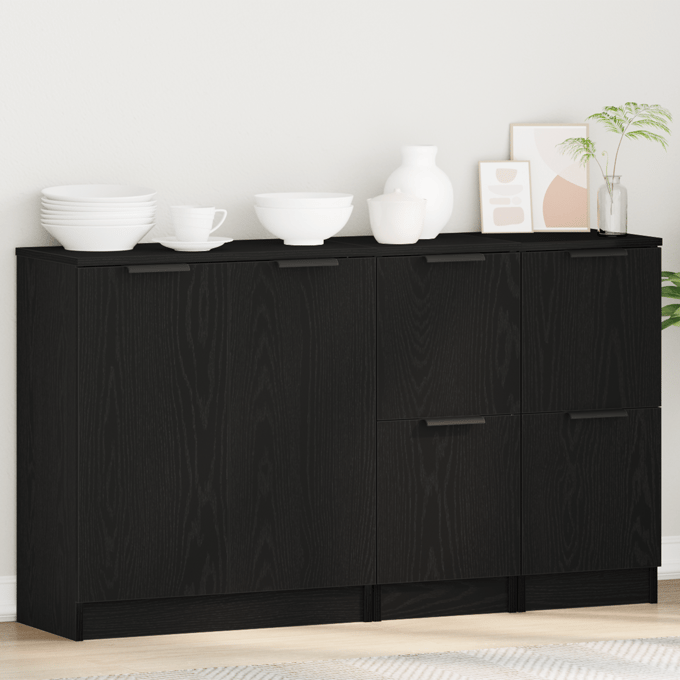vidaXL - Dressoir - 3 - st - Zwart - Eiken - 120 - x - 30 - x - 70 - cm - Bewerkt - hout