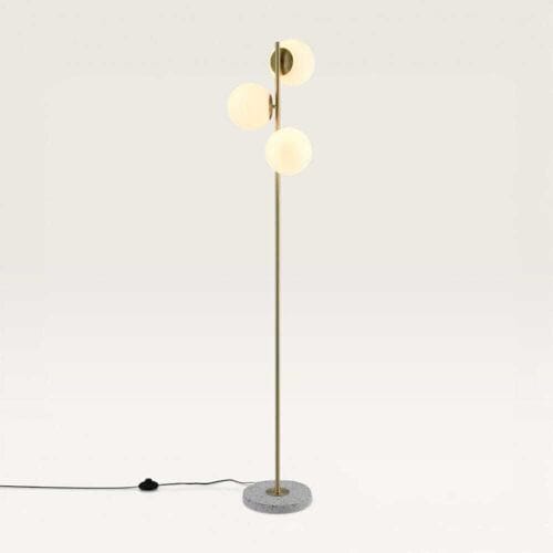 LUSENZ Verano - Staande lamp Goud 150 cm - 3 bollen - Modern design - Woonkamer lamp - Opaalglas - Terrazzo voet -  E14 fitting -  Met voetschakelaar