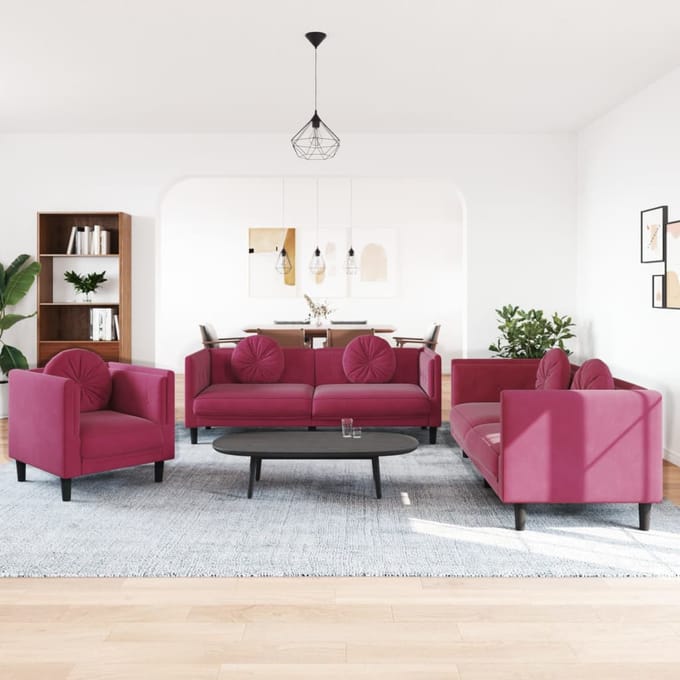 vidaXL - 3-delige - Loungeset - met - kussens - fluweel - wijnrood