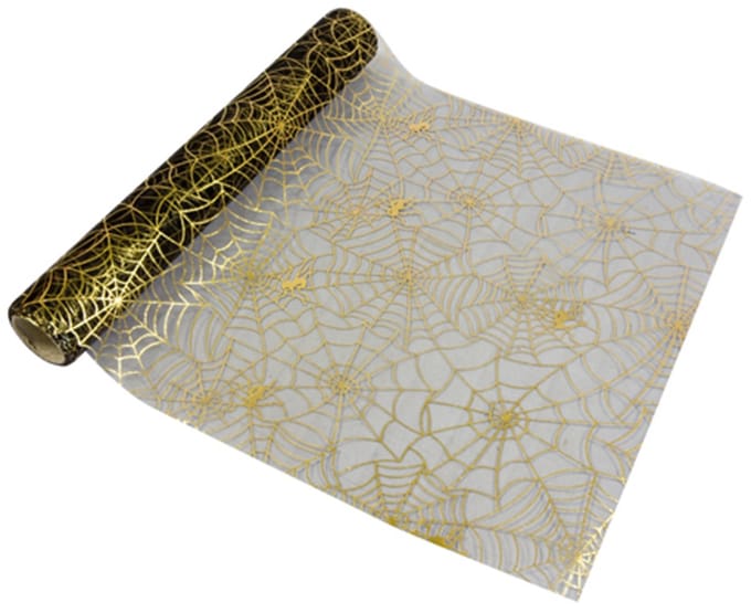HOBI - Tafelloper van zwart organza met gouden spinnenweb 29 cm x 5 m chic Halloween
