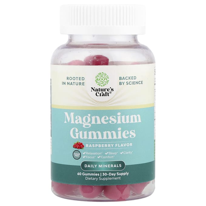 Nature's Craft, Gommes de Magnésium, Sans Sucre, Framboise, 60 Gommes