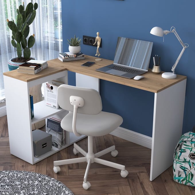 Asir - Studiebureau - Eikenhout, wit - 100% met melamine gecoat spaanplaat - 124,7 x 54,7 x 14,2 cm