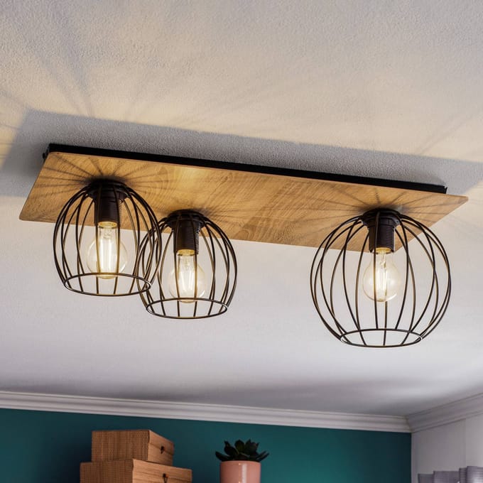 SIGMA Plafondlamp Malin, houten kap hoekig, 3-lamps
