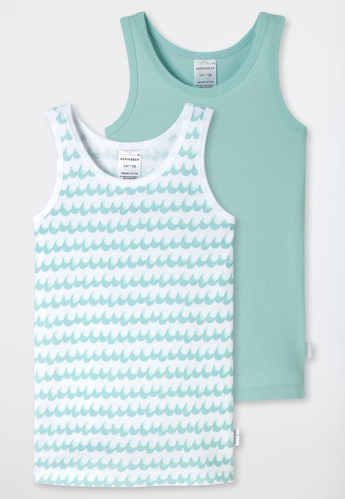 Onderhemden, set van 2, golvend patroon, turquoise/wit - Fine Rib 98