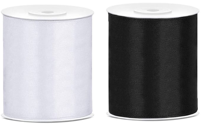 2x rollen satijnlint zwart-wit 10 cm x 25 meter - Hobby cadeaulint