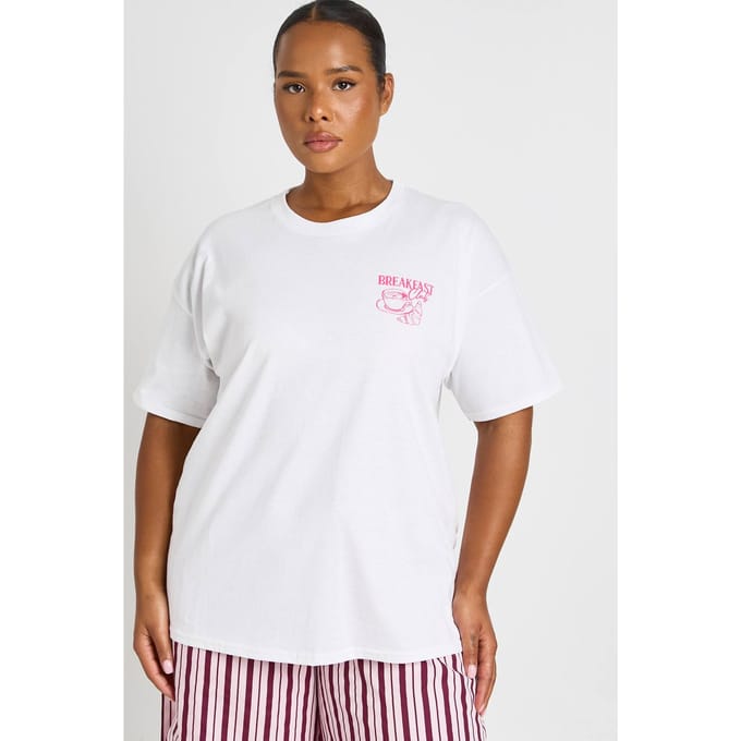 boohoo Dames Plus Bedrukt Ontbijt T-shirt | Wit | Maat: 48