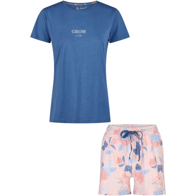 By Louise Dames Korte Pyjama Set Shortama Blauw/Roze Gebloemd - Maat M