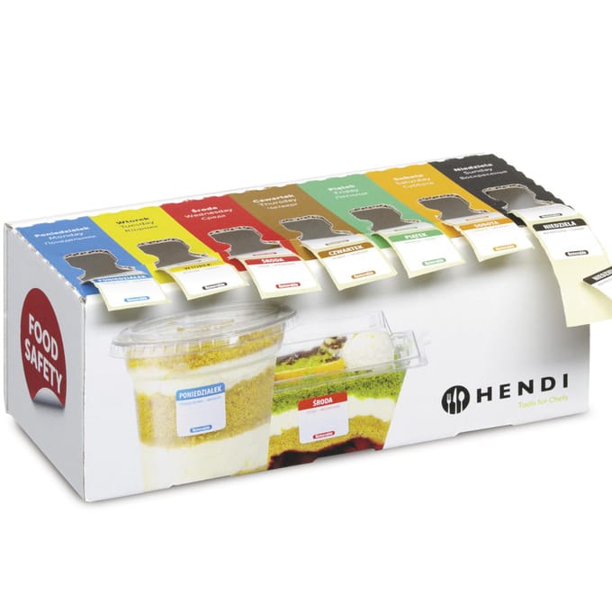 set herbruikbare voedselveiligheidslabels voor elke dag van de week met een Hendi 850305 dispenser