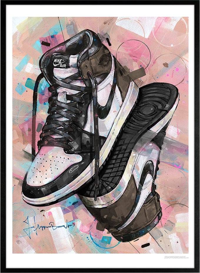 Sneaker print upside down dark mocha 51x71 cm *ingelijst & gesigneerd