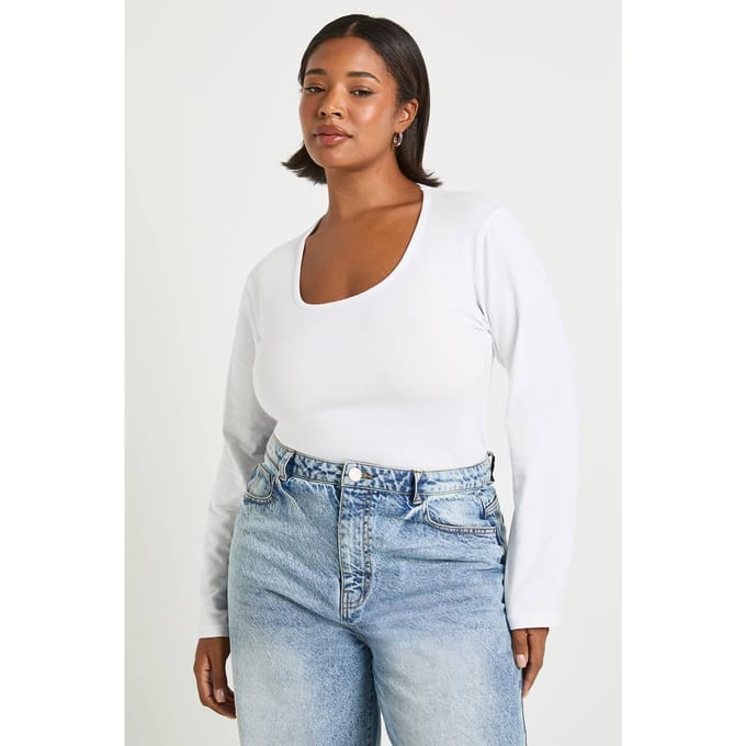 boohoo Dames Plus Basic Top met vierkante hals en lange mouwen | Wit | Maat: 44