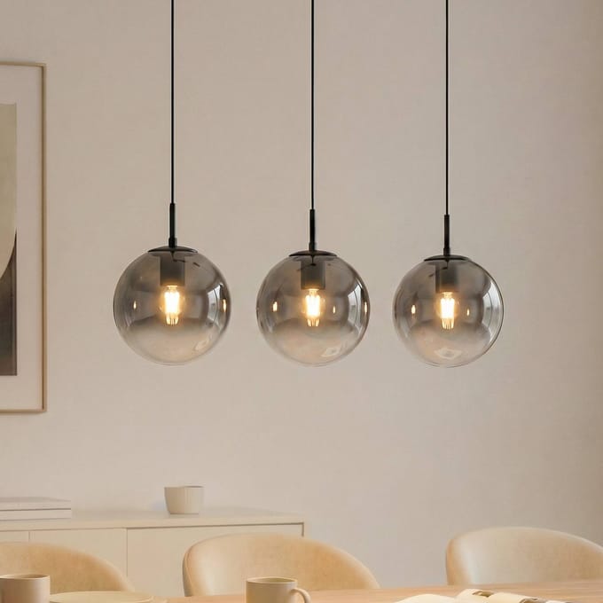 Lucande hanglamp Veloura, 3-lamps, 84 cm, glas, hout