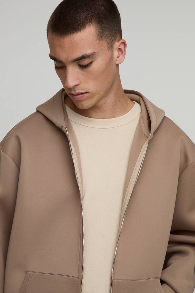 Oversized Bonded Scuba Hoodie met ritssluiting | Taupe | Size Medium