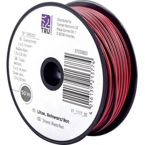TRU COMPONENTS 1565203 Draad 2 x 0.14 mm² Zwart, Rood 50 m