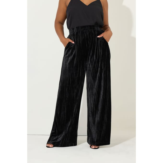 Yours Zwarte Gekreukte Velours Wijde Broek Size 44