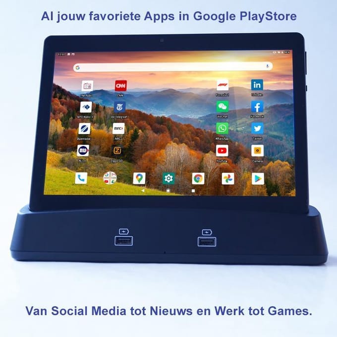 Bianca Tablet + Docking Station met BT Speakers, 10.1 Inch IPS Hi Res LCD+Camera, Draadloos Opladen, BT+WiFi+2xSIM+4G, GPS Navigatie, Beeldbellen, Micro SD kaart,+2 USB poorten voor opladen Smartphone en Tablet, 64 bit OctaCore Processor, Android OS