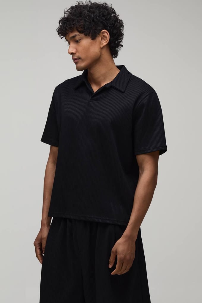 Ruimvallende Geplooide Reverskraag Polo & Bermuda Short Set | Black | Size Medium