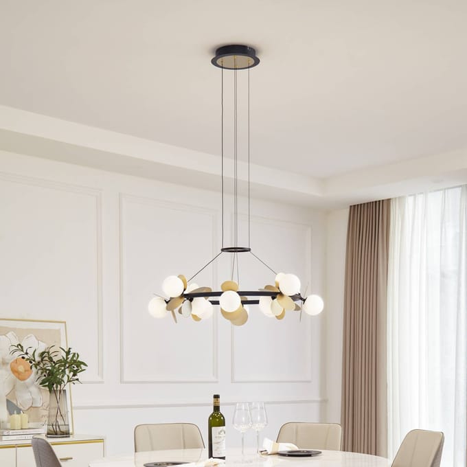 Lucande hanglamp Pallo, 12-lamps, zwart/goud, glas