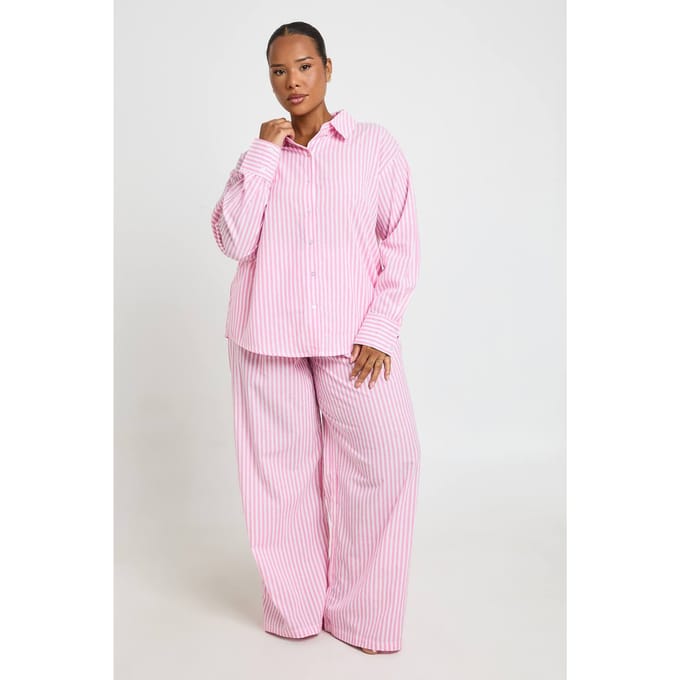boohoo Dames Plus Katoenen Pyjamabroek Met Krijtstreep | Roze | Maat: 48