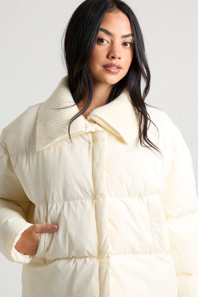 boohoo Dames Contrast Rib Kraag Pufferjas | Ecru | Maat: 10