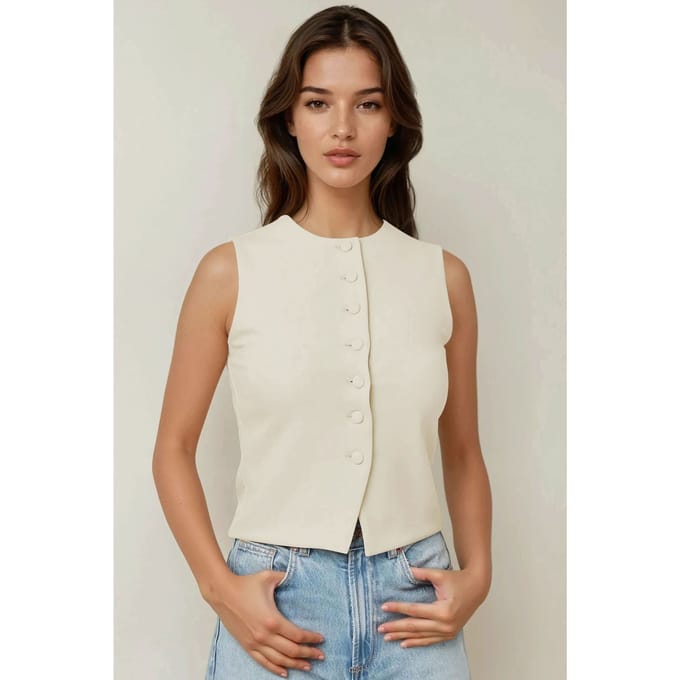 Aansluitende Crew Neck Gilet met Knopen Detail