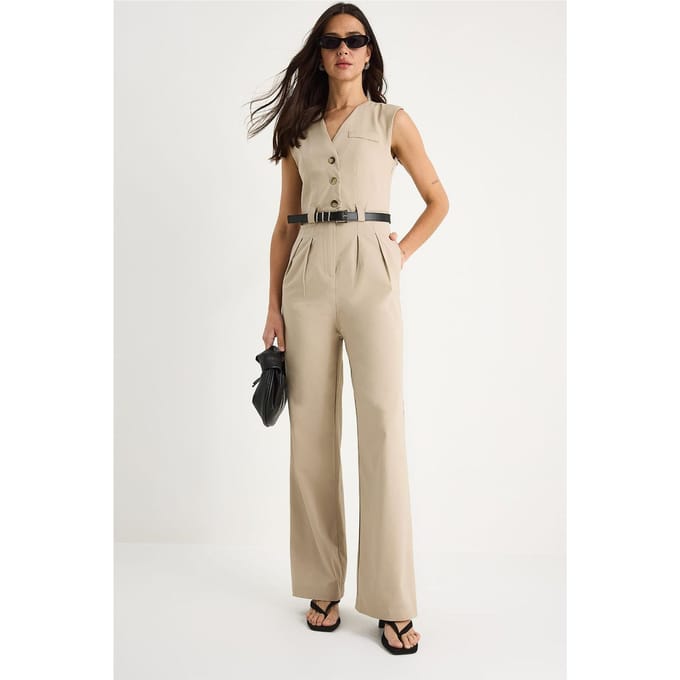 V-hals Wijde Pijpen Jumpsuit met Strikdetail
