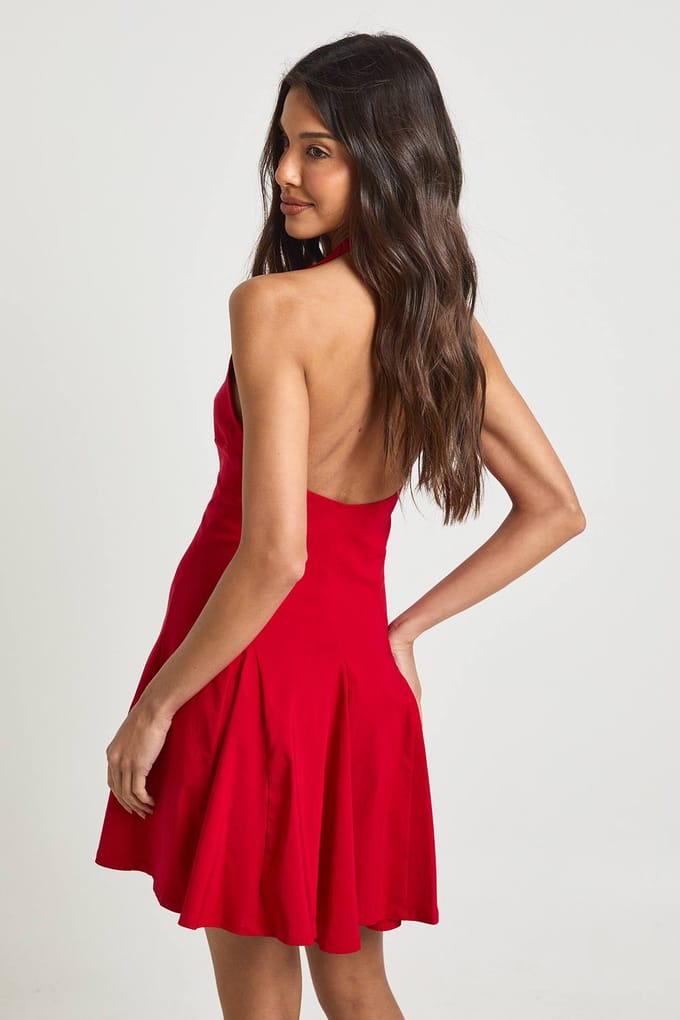 boohoo Dames Bengaline Halterneck Geplooide Skater Jurk | Rood | Maat: 44