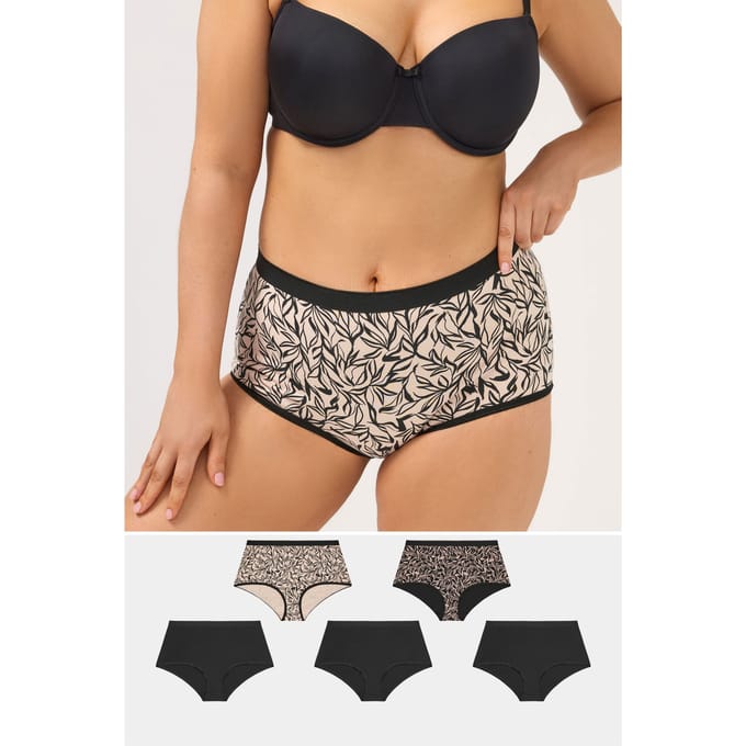 Yours 5 Pack Zwarte Maxislips Met Bladprint Size 62-64