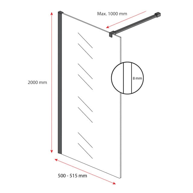 Badplaats Douchewand Florida 50 x 200 cm – Zwart – Inloopdouche 8 mm Veiligheidsglas