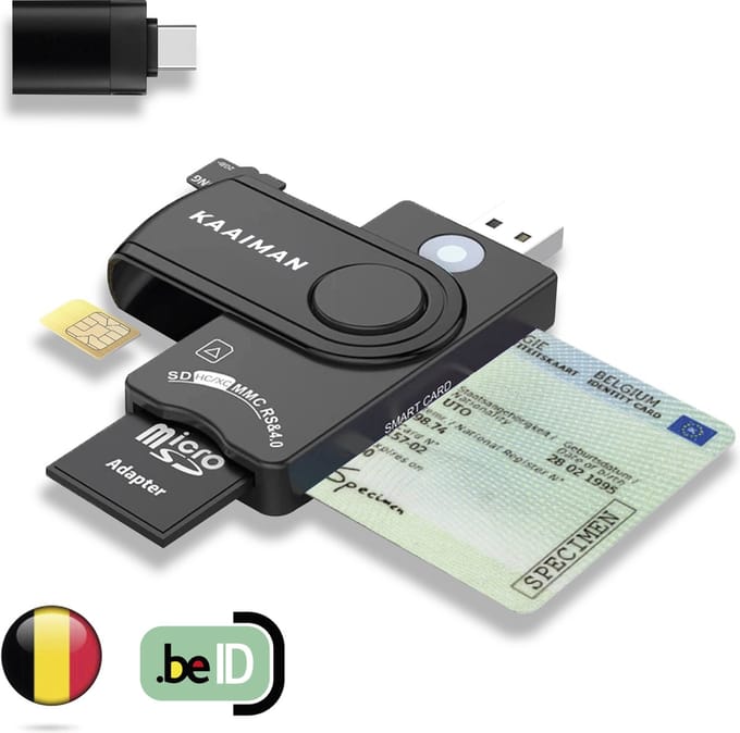 Kaaiman® eID Kaartlezer Multi Mini – eID Kaartlezer België – Multifunctioneel - Lecteur de carte eID – USB A - USB C - eID Kaartlezer – EID Kaartlezer identiteitskaart – Identiteitskaartlezer – ID Reader – Windows/Mac - Plug&Play - Universeel
