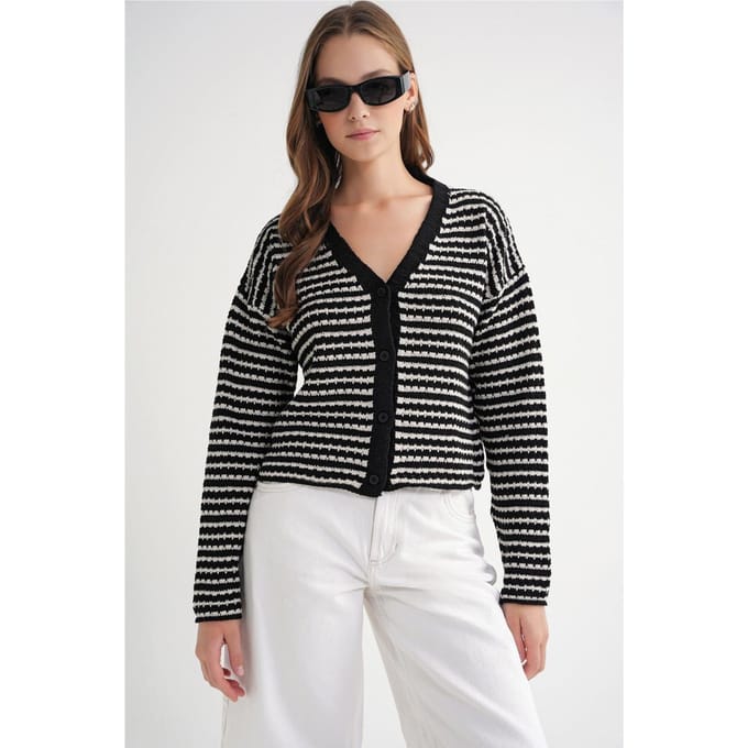 Gestreepte V-hals Knopenfront Ribgebreide Cardigan
