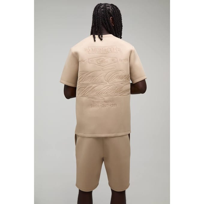 Monaco Embroidered Regular Fit Bonded Scuba T-Shirt & Slim Pintuck Short Set | Taupe | Size Medium