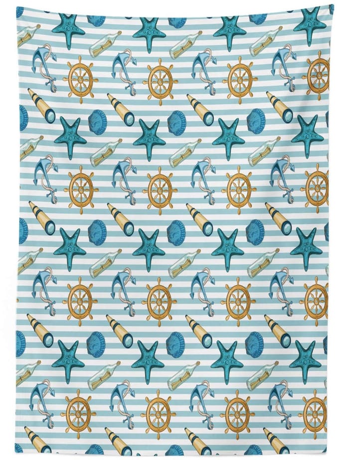 ABAKUHAUS Tafeldoek – 140x200 cm – Satijn – Blauw/Abrikoos – Gestreept