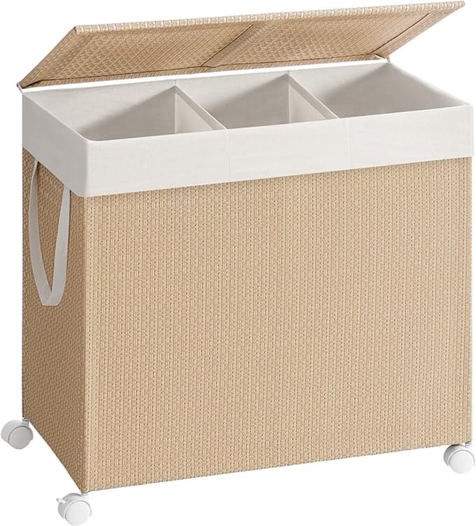 MAZAZU - Wasmand 3 vakken - Wassorteerder 140 liter - Beige/Wit - 66,5x37,5x65 cm