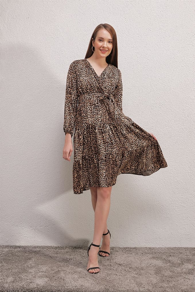 Leren Midi-jurk met Luipaardprint en Strik