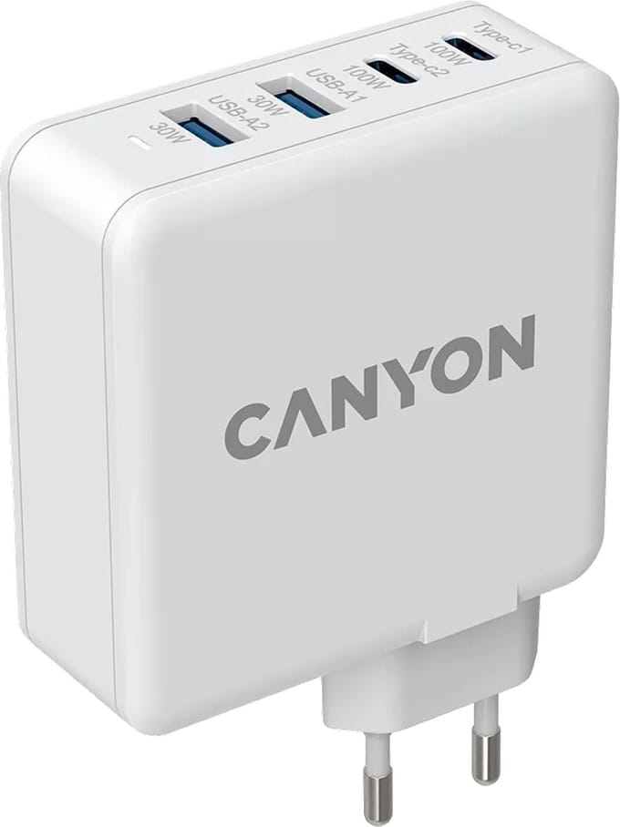 Canyon H-100 GaN PD Oplader - 4 in 1 Adapter - Super Snel Laden 100W - USB-A - USB-C - Geschikt voor MAC, Windows, iPhone, Android - Wit