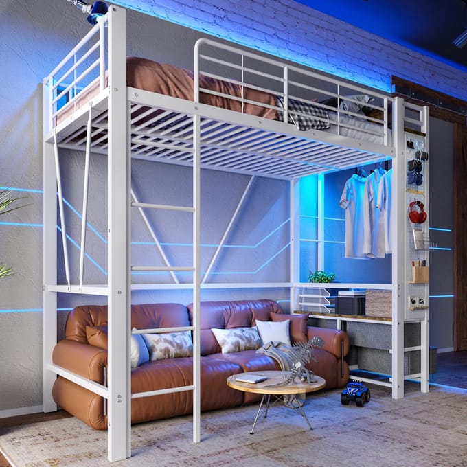 HAUSS SPOLE Halfhoogslaper 90x200cm - Stalen Frame Met 4 Laden - LED-Strip en USB Type-C - Multifunctioneel Opbergbed - Metaal - Wit - Zonder matras