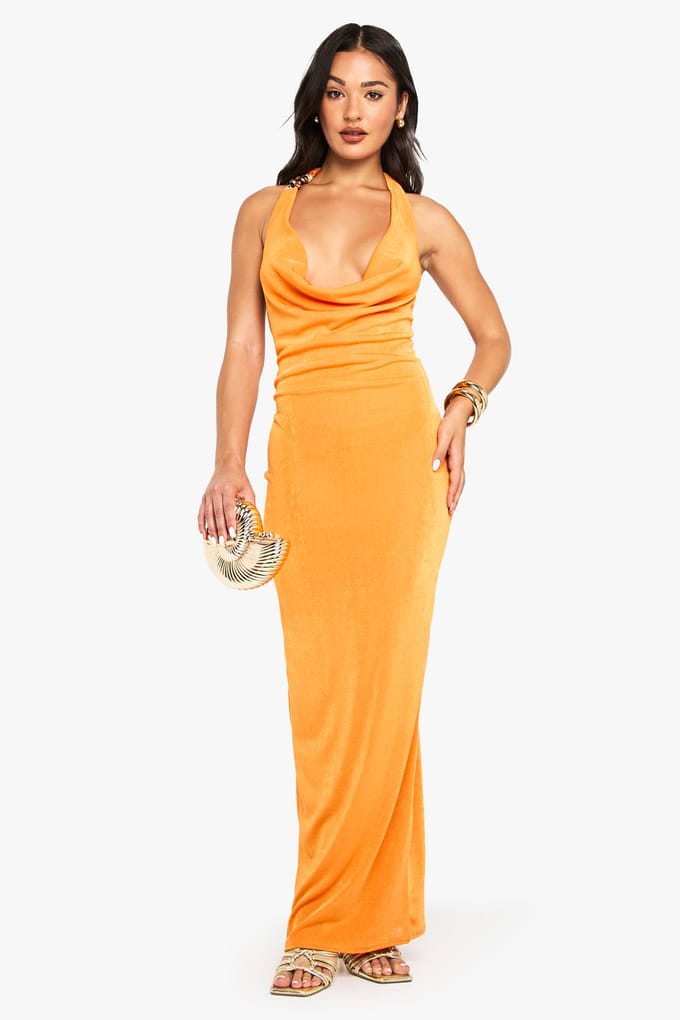 boohoo Dames Petite Beaded Cowl Slinky Maxi-jurk | Orange | Maat: 16