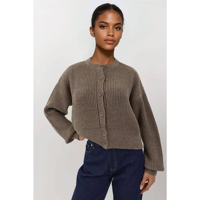 Gestructureerde Crew Neck Lange Mouwen Cardigan met Knopen