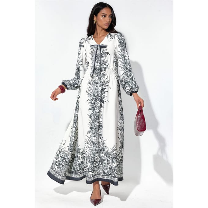 Geprinte V-hals Maxi-jurk met Strikdetail