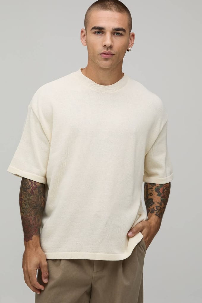 Oversized Gebreid T-shirt Van Katoenmix | Ecru | Size Medium