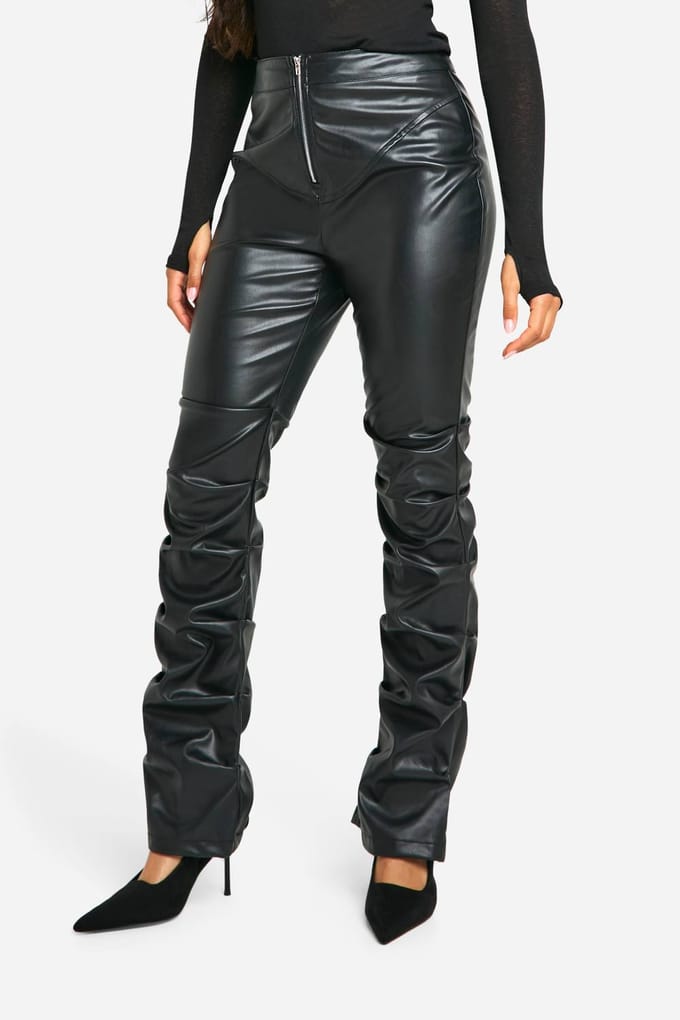 boohoo Dames Ruched Pu Zip Front Slim Fit Contour Broek | Black | Maat: 16