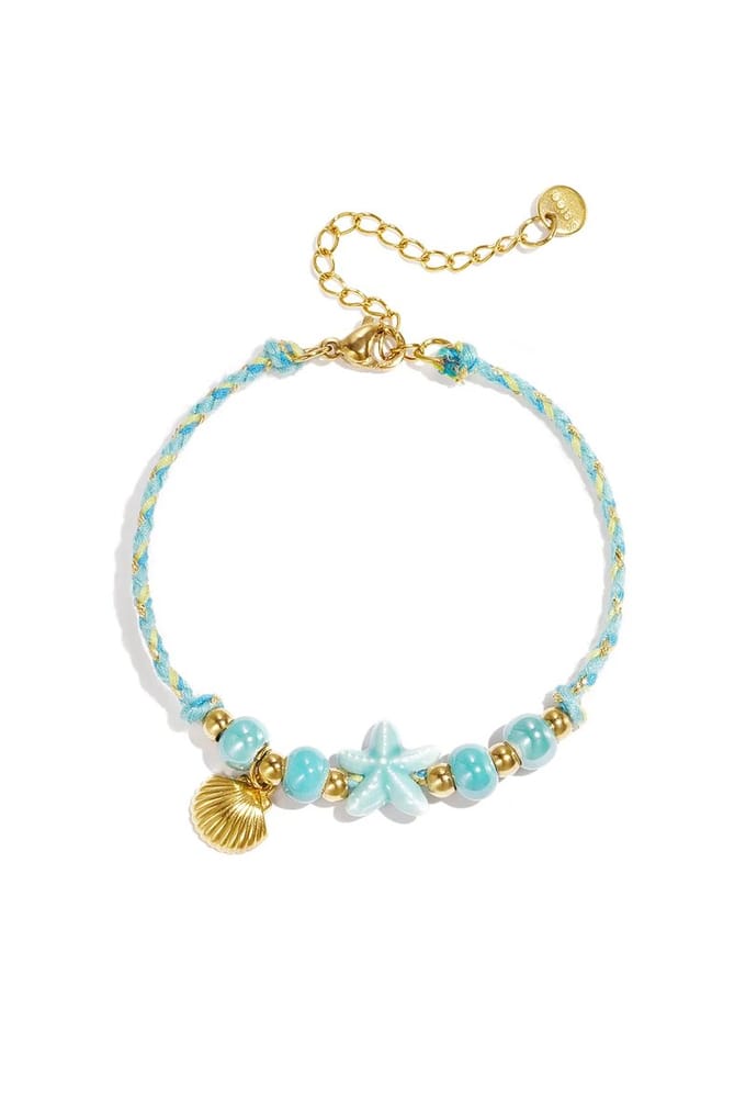 Armband met kralen van touwmotief, zeester en schelp meerblauw