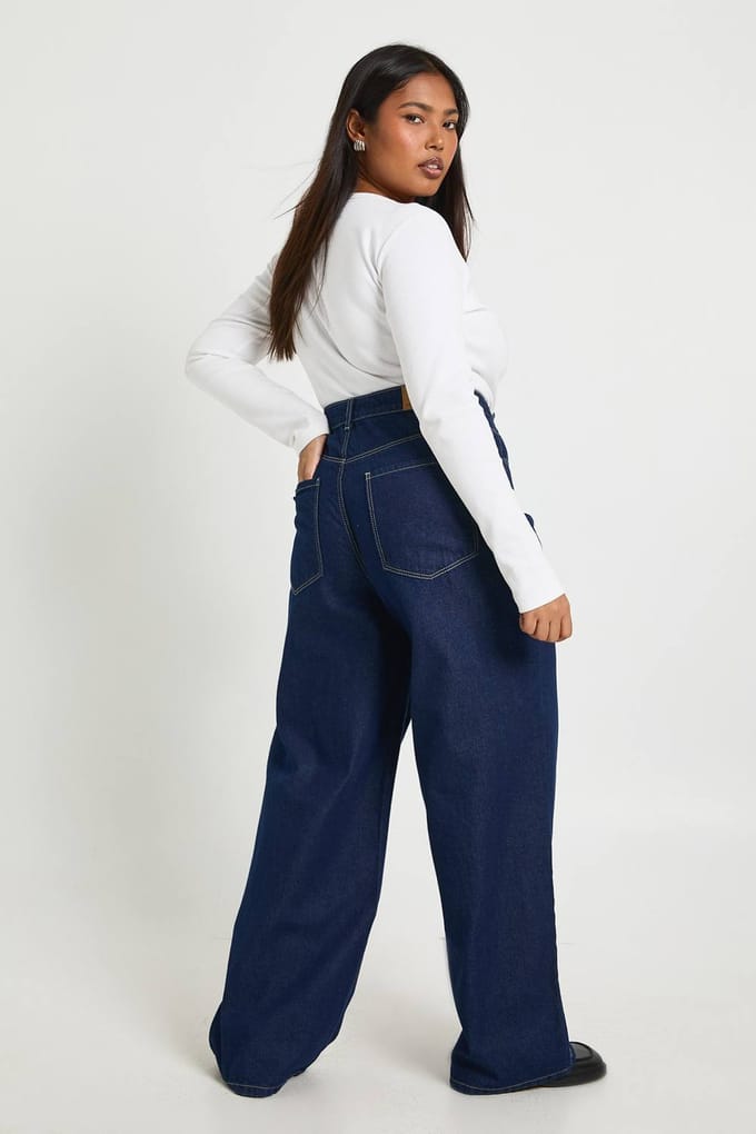 boohoo Dames Plus Hoge Taille Wijde Pijpen Jeans | Indigo | Maat: 16