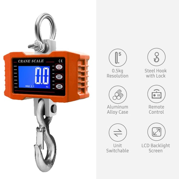 Digitale hangweegschaal met afstandsbediening 1000 kg/2204 lbs draagbare zware kraanweegschaal LCD zwart