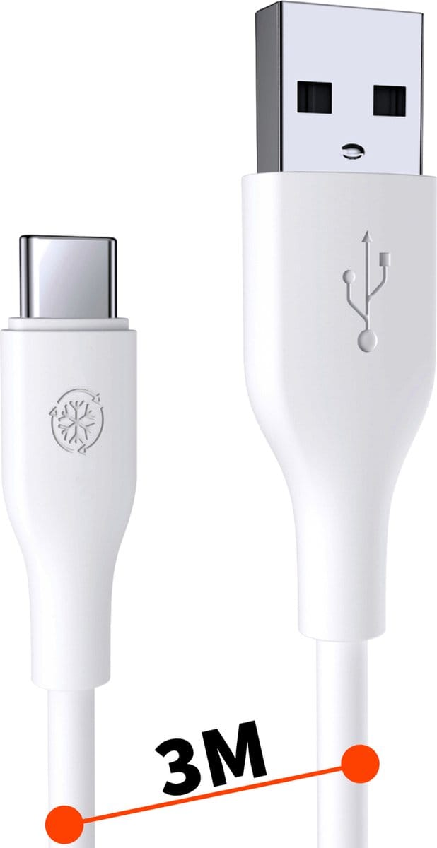 USB naar USB C Kabel - 18W Fast en Quick Charge - TPE Rubber - 3 Meter - Wit - Universeel - USBC naar USB-C