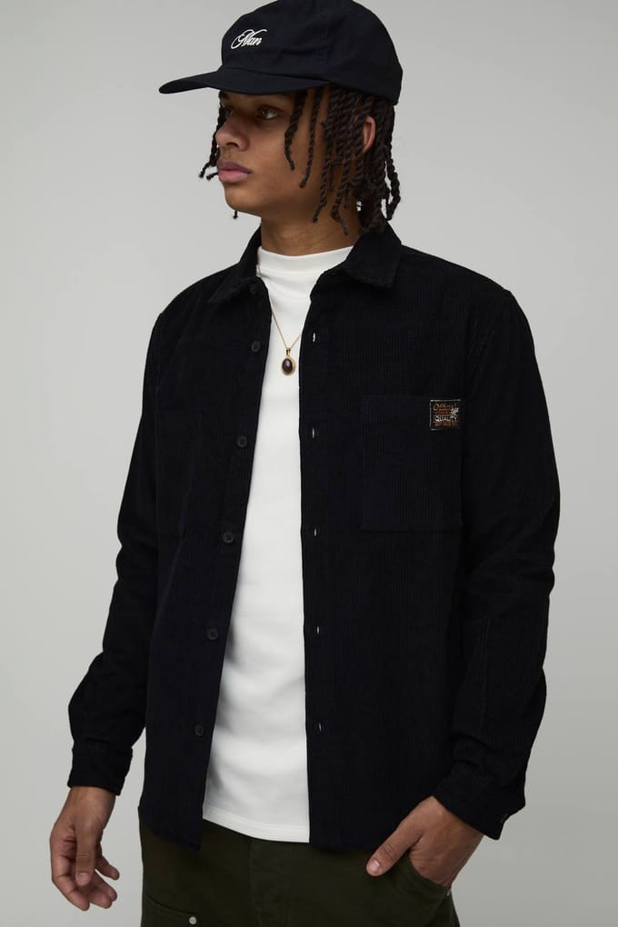 Regular Fit Lange Mouw Corduroy Geweven Tab Overshirt | Black | Size Large