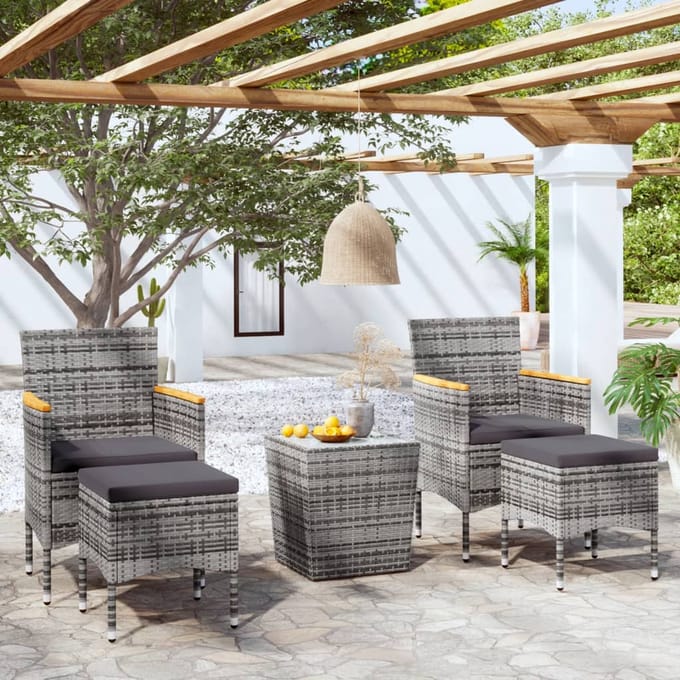 vidaXL - 5-delige - Bistroset - poly - rattan - en - gehard - glas - grijs