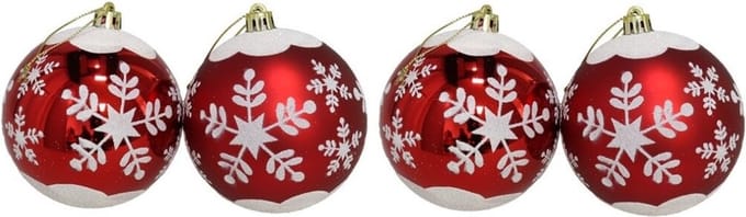 Gerimport Kerstballen - gedecoreerd - 4x st - rood - D8 cm - kunststof - kerstversiering