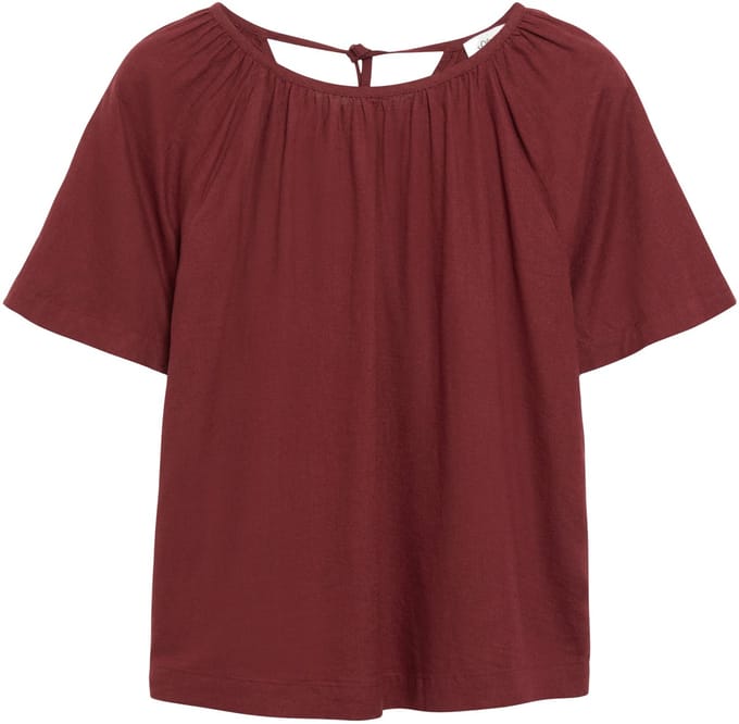 Vrouwelijke Blouse met Korte Mouwen van Gemengd Linnen met Rimpeling en Versierd met een Strik s.Oliver