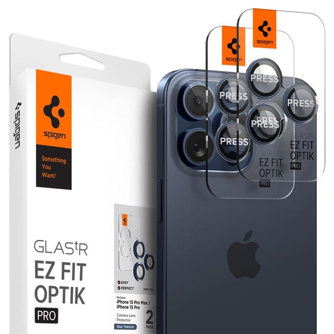 Spigen GlasTR EZ Fit Optik Pro - Camera Lens Protector Geschikt voor Apple iPhone 15 Pro / iPhone 15 Pro Max - met Installatieframe - Duo Pack - Titanium Blauw